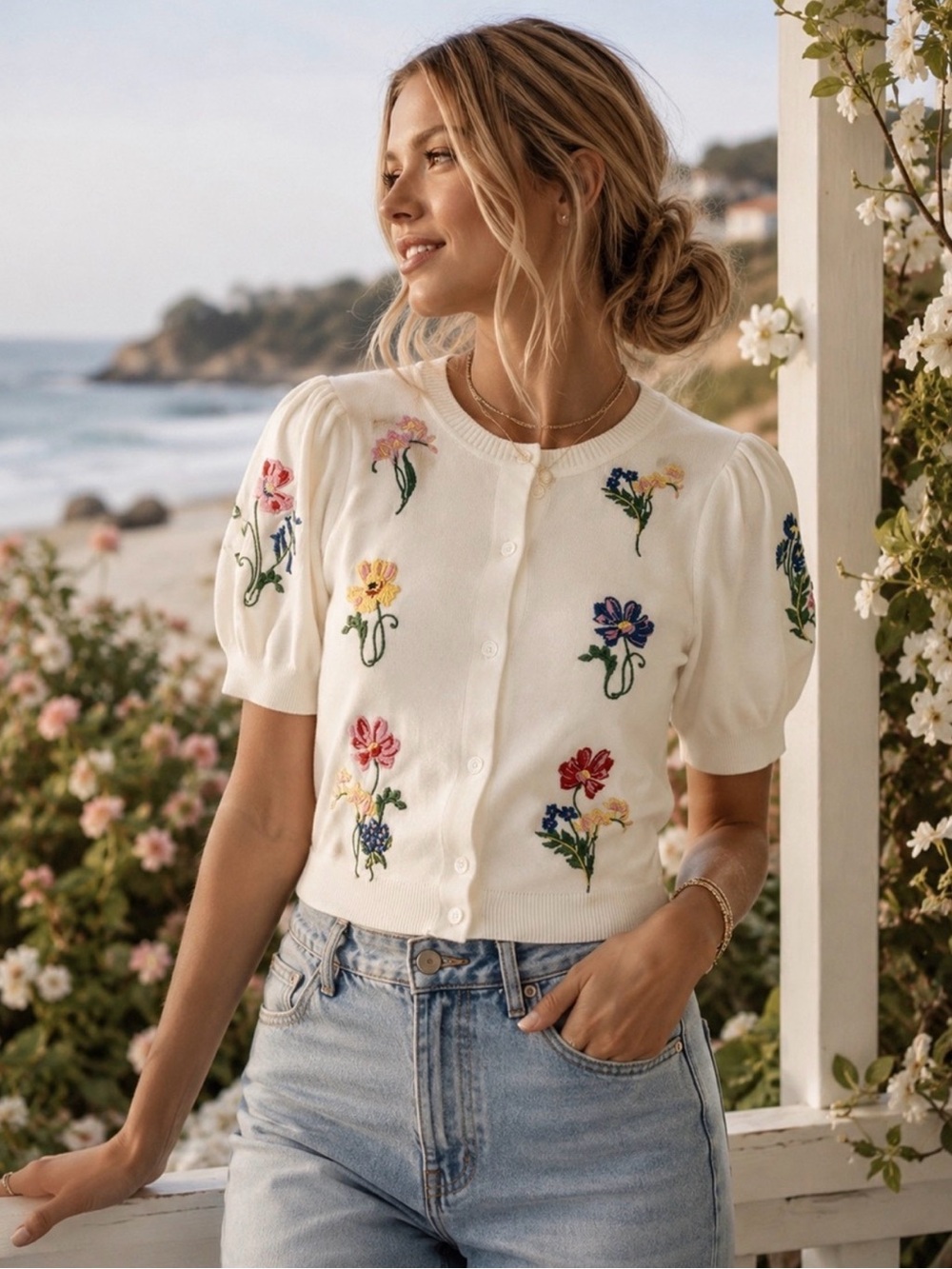 NWT Free Assembly Floral Embroidered Puff Sleeve Cardigan Sweater S Cottagecore